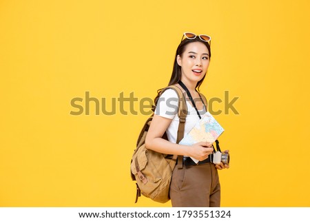 Similar – Image, Stock Photo Curious female on vacation travelling by coastal train