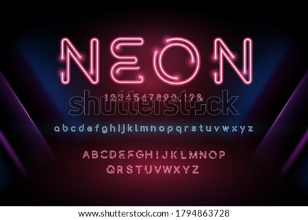 Glowing neon light alphabet font set with lowercase uppercase and numbers on dark night party theme background