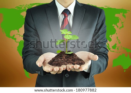 Businessman holding green seedling with soil - sustainable development & conservation concept