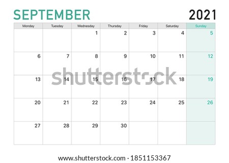 2021 September illustration vector desk calendar weeks start on Monday in light green and white theme