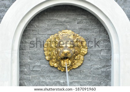Golden lion head sculpture on stone wall spouting water