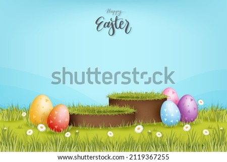 Happy Easter 3D stage podium mockup with colorful eggs in springtime garden for product placement, vector illustration