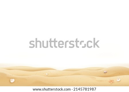 Summer beach sand and seashells on white background with copy space 