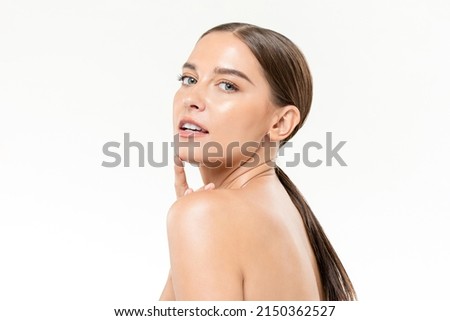 Beauty shot of charming Caucasian female with long dark hair and bare shoulders on white isolated background 商業照片 © 