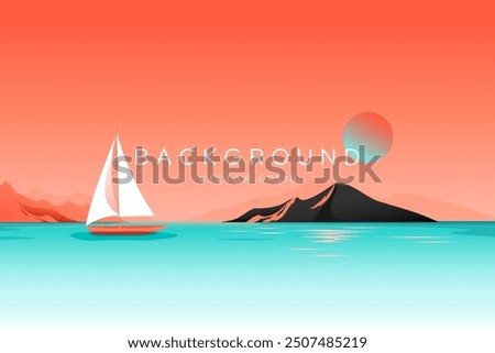 Colorful retro summer beach gradient background with sailboat, vector design  