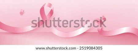 Breast cancer awareness pink banner background with curly pink ribbon symbol, vector design