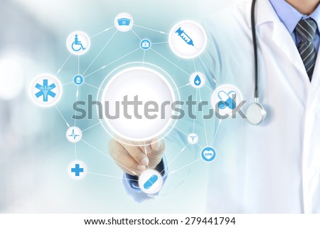 Doctor hand touching blank circle on virtual screen, healthcare and medical background concept - can montage or put your texts (pictures) in a circle