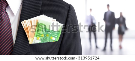 Money, Euro currency (EUR) banknotes, in businessman suit pocket on blur businesspeople background - business and financial panoramic (header) background concept