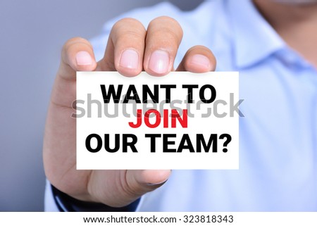 WANT TO JOIN OUR TEAM? message on the card shown by a man