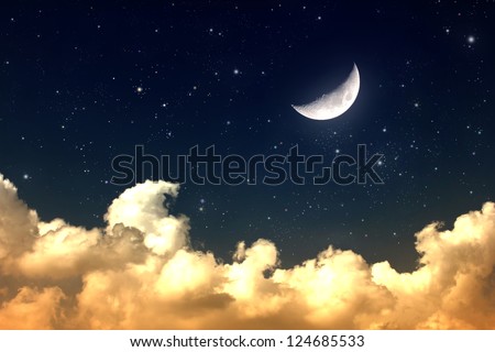 cloudy night sky with moon and star