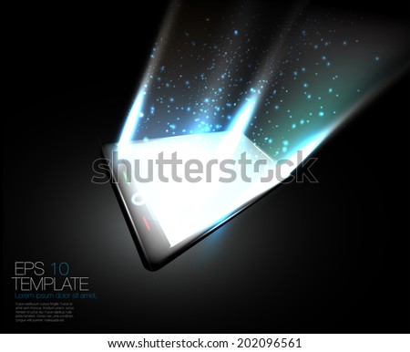 Abstract smart  mobile device gloving in dark with sparkles. Editable layered vector template.