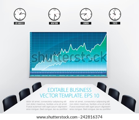 Business office with empty conference desk, stock charts on wall screen and world clocks. Editable vector template