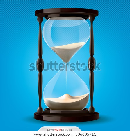 Transparent and very realistic vector sand clock on blue background