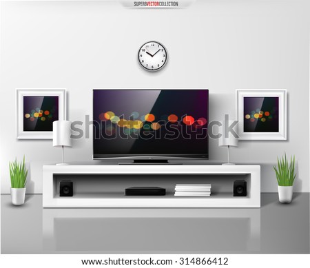 Modern white shelf with flat TV and sound system. Rich vector graphic template.