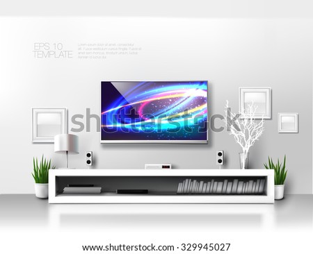 Minimalist modern  white TV shelf with books , decorations and sound system. Rich vector graphic template.