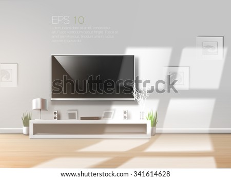 Living room with low shelf and flat TV on a bright sunny day. High quality realistic vector  template. 