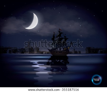 Old sail ship floating on calm ocean with half moon and stars in background, fantasy vector