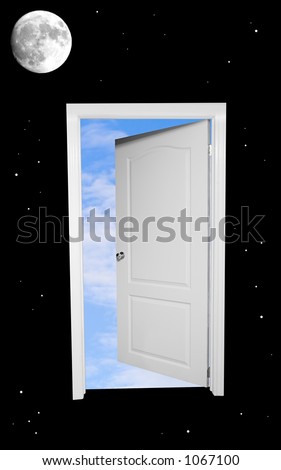 A black and white door floating in space opens to blue skies beyond.