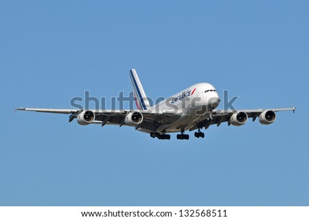 STERLING, VA, USA - NOVEMBER 12, 2011: Air France A380 landing at Washington Dulles International Airport. Air France is the French flag carrier headquartered in Tremblay-en-France.