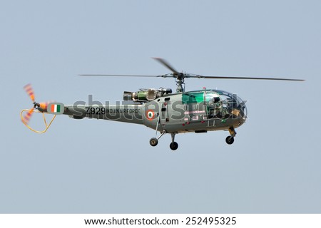 BENGALURU, INDIA - FEBRUARY 9, 2013: HAL Chetak Helicopter of the Indian Air Force on display at Aero India 2013. Aero India is a biennial air show and aviation exhibition.