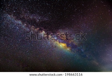 A picture of the milkyway galaxy. Processed by stacking multiple exposure into one picture. Contain noise.