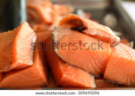 Raw salmon fillet slice Sashimi Seafood in Japan restaurant
