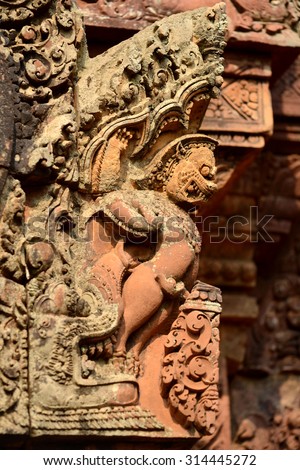 Lionhearted man warrior or human half lion Carvings at Banteay Srei Temple, Cambodia