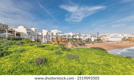 Similar – Image, Stock Photo Wide sandy Faro beach with dunes and walkways by the sunset, Algarve, Portugal