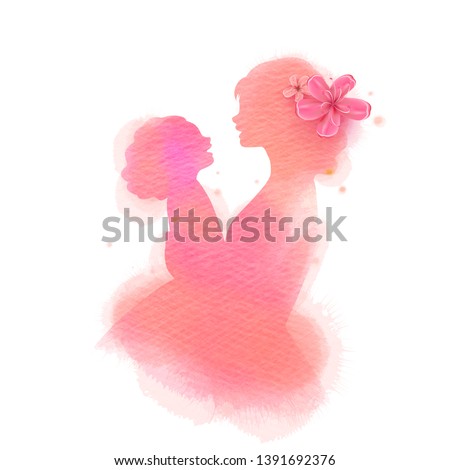 Happy mother's day. Side view of Happy mom with daughter  silhouette plus abstract watercolor painted.Happy  mother's day. Double exposure illustration. Digital art painting. Vector illustration