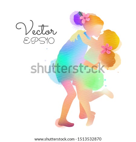 Two happy adorable little sisters hugging each other silhouette plus abstract watercolor painted. Siblings warm hug. Double exposure illustration. Digital art painting. Vector illustration.
