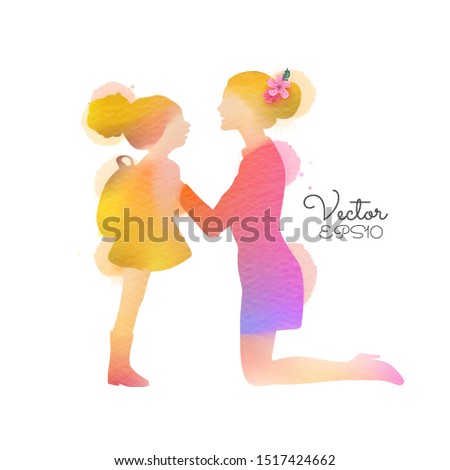 Mother saying goodbye to daughter as she leaves for school silhouette plus abstract watercolor painting. Parenting concept. Double exposure illustration. Vector illustration. Digital art painting.