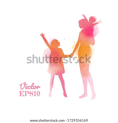 Double exposure illustration. Happy mother with her kids silhouette plus abstract watercolor painted. Happy mother's day. Digital art painting. Vector illustration