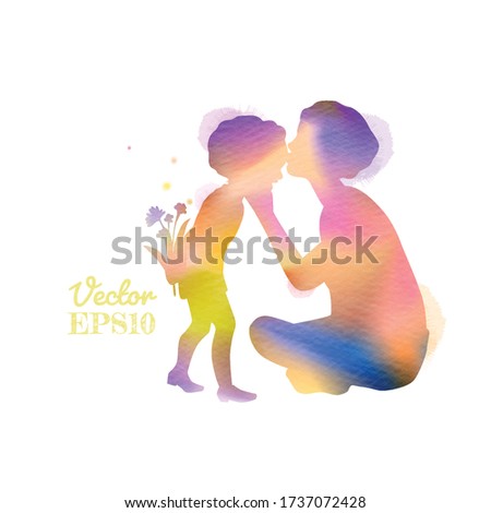 Double exposure illustration. Happy mother kissing her kids silhouette plus abstract water color painted. Happy mother's day. Digital art painting. Vector illustration