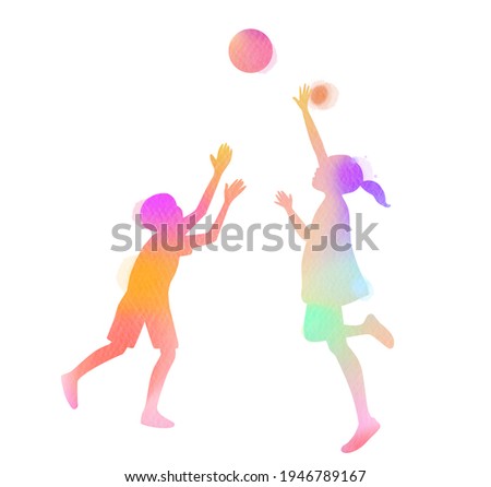 Happy children playing  ball silhouette plus abstract watercolor painting. Double exposure illustration. Digital art painting.