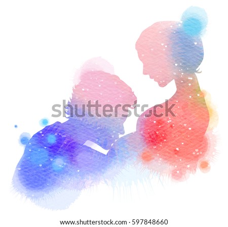Double exposure illustration. Side view of young man kissing the belly of his pregnant woman silhouette plus abstract water color painted. Mother and baby health. Digital art painting.