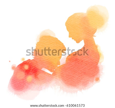 Double exposure illustration. Side view of young man kissing the belly of his pregnant woman silhouette plus abstract water color painted. Mother and baby Health. Digital art painting.