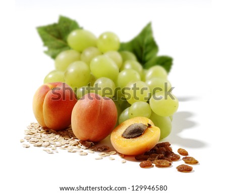 grapes,apricots and cereals isolated