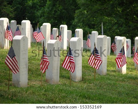 American flags on veteran graves on Memorial Day.