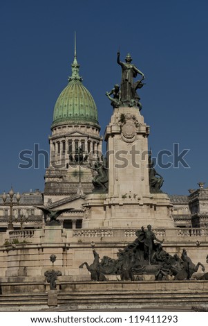 the fountain and the palace of the national congress of argentina in plaza del congreso in buenos aires