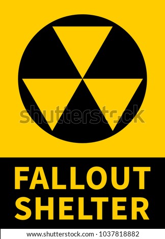Nuclear fallout shelter flat yellow vector sign with text for print