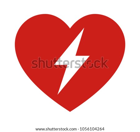 Red automated external defibrillator / aed sign with heart and electricity symbol flat vector icon