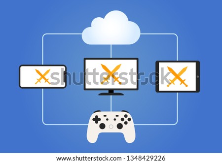 Cloud gaming streaming service with smartphone, tablet, HDTV and game controller vector illustration