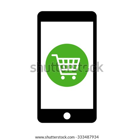 Mobile phone shopping or online shopping with cart flat vector icon for apps and websites