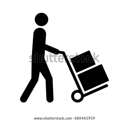 Mover pushing moving hand truck or dolly with boxes flat vector icon for apps and websites