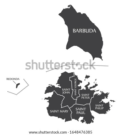 Antigua and Barbuda map with parishes and labels black