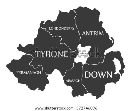 Northern Ireland Map labelled black illustration