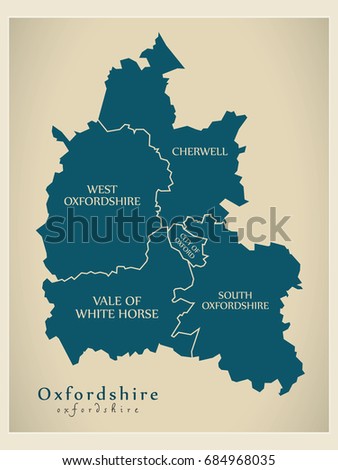 Modern Map - Oxfordshire county with district captions England UK illustration