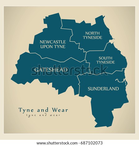 Modern Map - Tyne and Wear Metropolitan County with district captions England UK illustration