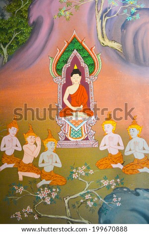 KRABI ,THAILAND - APRIL 8 : Traditional Thai mural painting of the life of Buddha  when buddha teach at the first time on temple at Wat Keawkorama in Krabi Thailand on 8 April 2012.