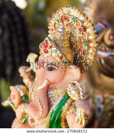 Ganesh ,elephant god, figure closeup focused on face